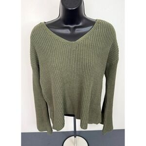 Poof Apparel Women's Cotton Acrylic Rib Knit V-Neck Sweater Green Size Small